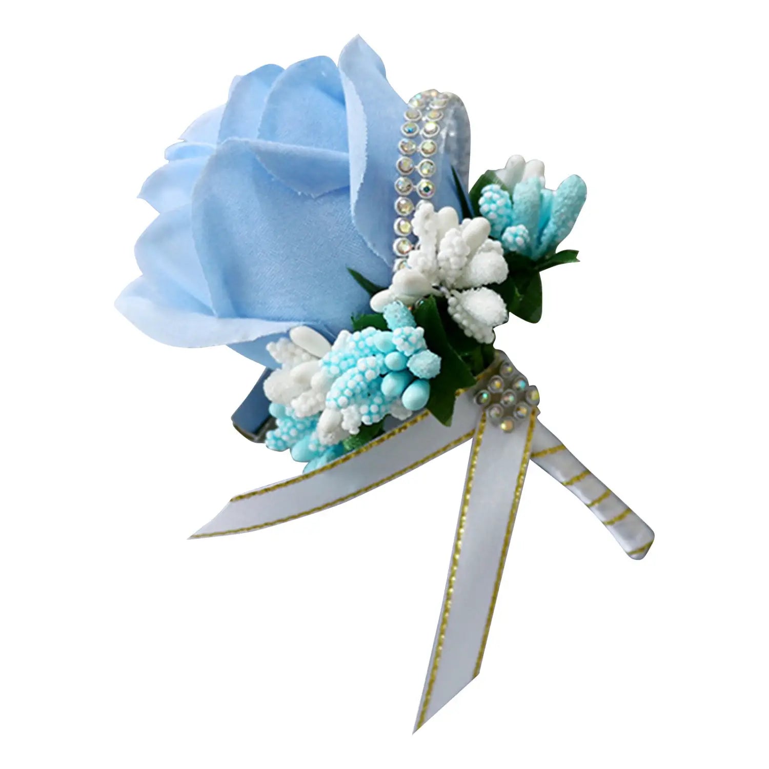 A delicate light blue artificial silk rose boutonniere with white and turquoise floral accents, green leaves, a sparkling beaded strap, and gold-edged ribbon ties designed for weddings.