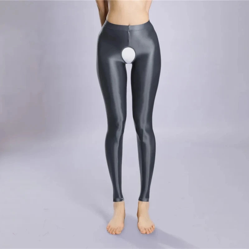 Plus Size Oil Shiny Crotchless Footless Pantyhose Women Sexy Satin Glossy Pencil Pants Fitness Yoga Leggings Party Clubwear