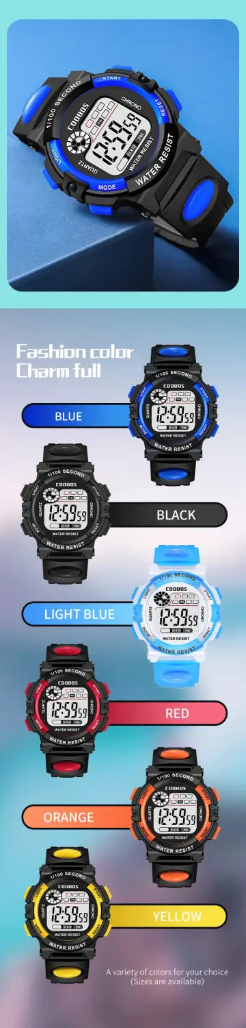 blue digital kids watch with black accents and durable rubber strap designed as a waterproof led sports wristwatch