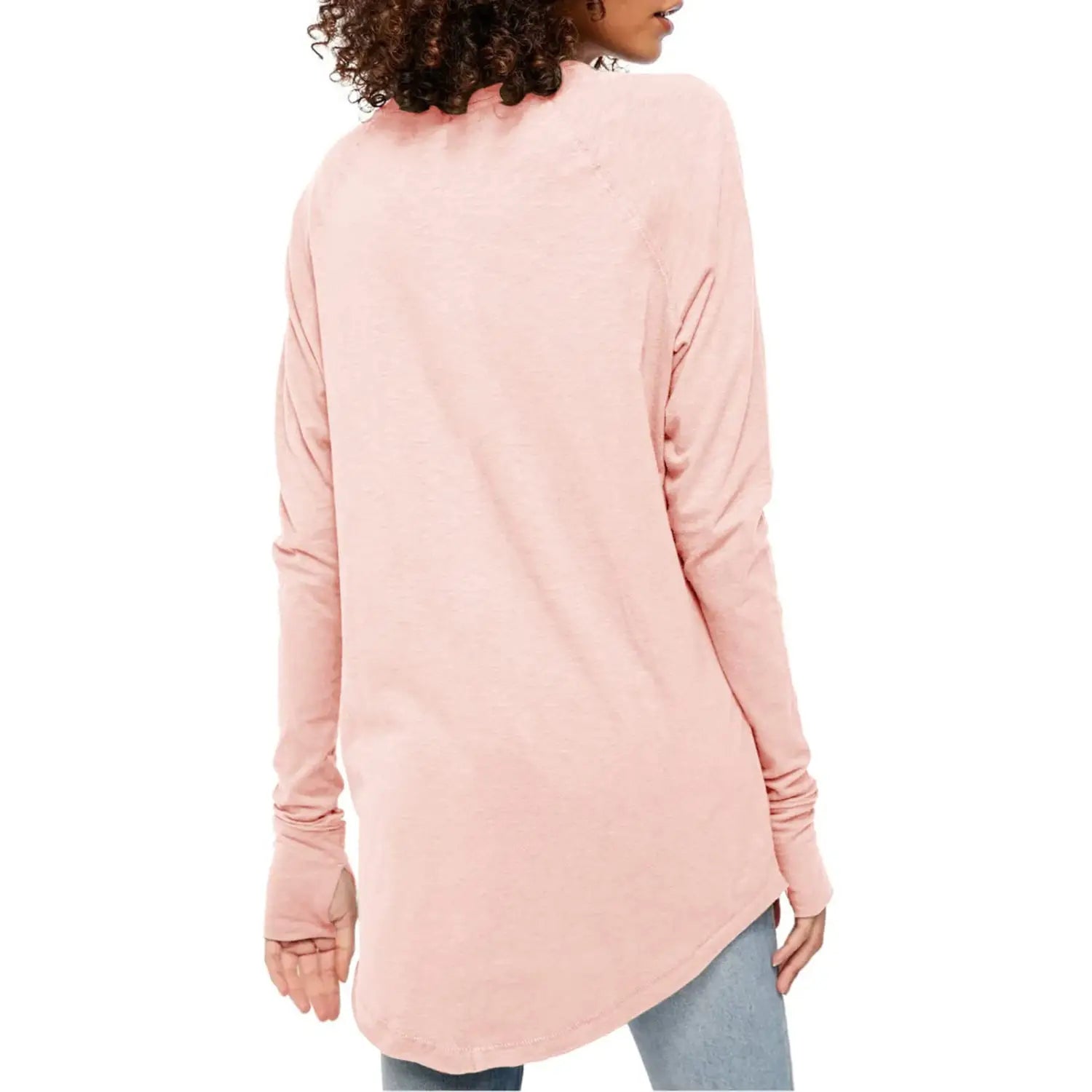 Women long sleeve cotton tunic top in soft pink with a loose fit and high low hemline featuring long sleeve length and no distinct pattern type.