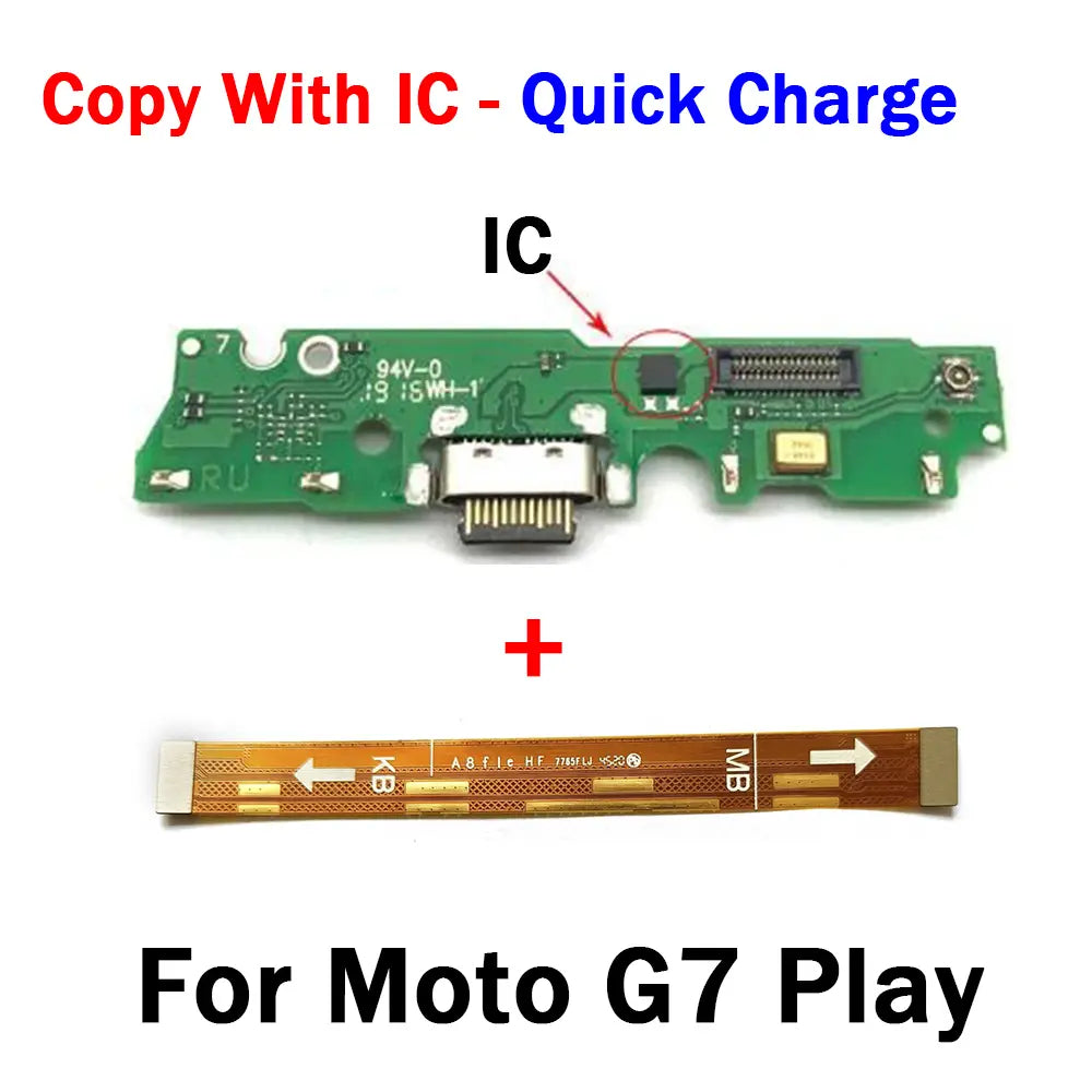 Green circuit board usb charging board with integrated ic and usb-c charging port paired with flexible brown flex cable for Motorola Moto g7 Play charging dock.