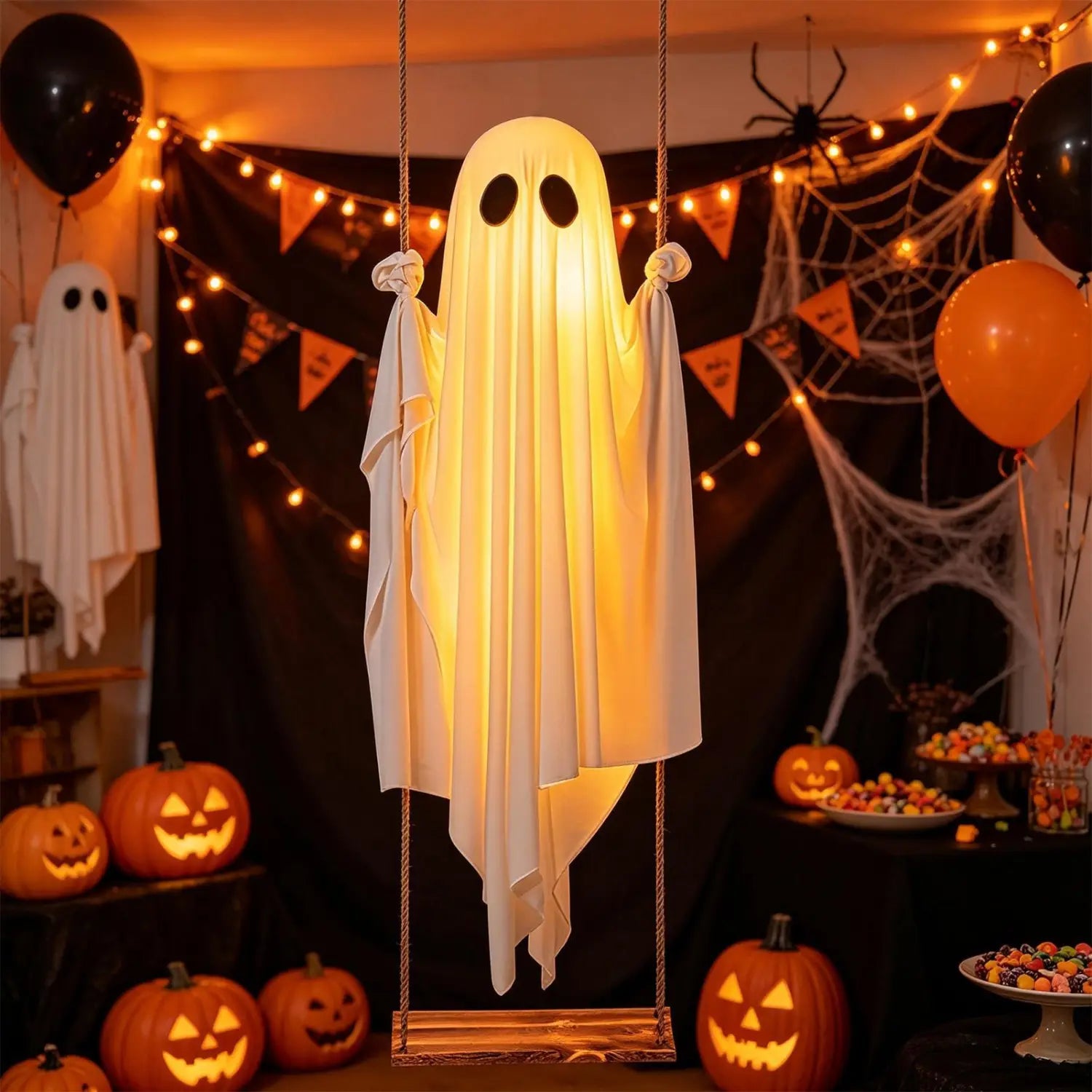 una decoración de fantasma colgante oscilante iluminado y blanco, con forma de fantasma, hecha de tela ligera con recortes negros para los ojos, colgada de un columpio de cuerda para uso exterior en Halloween