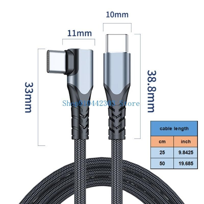 Câble USB-C tressé noir offrant des capacités de charge rapide, doté d’un connecteur coudé à 90 degrés et d’extrémités en argent métallique pour un usage durable.