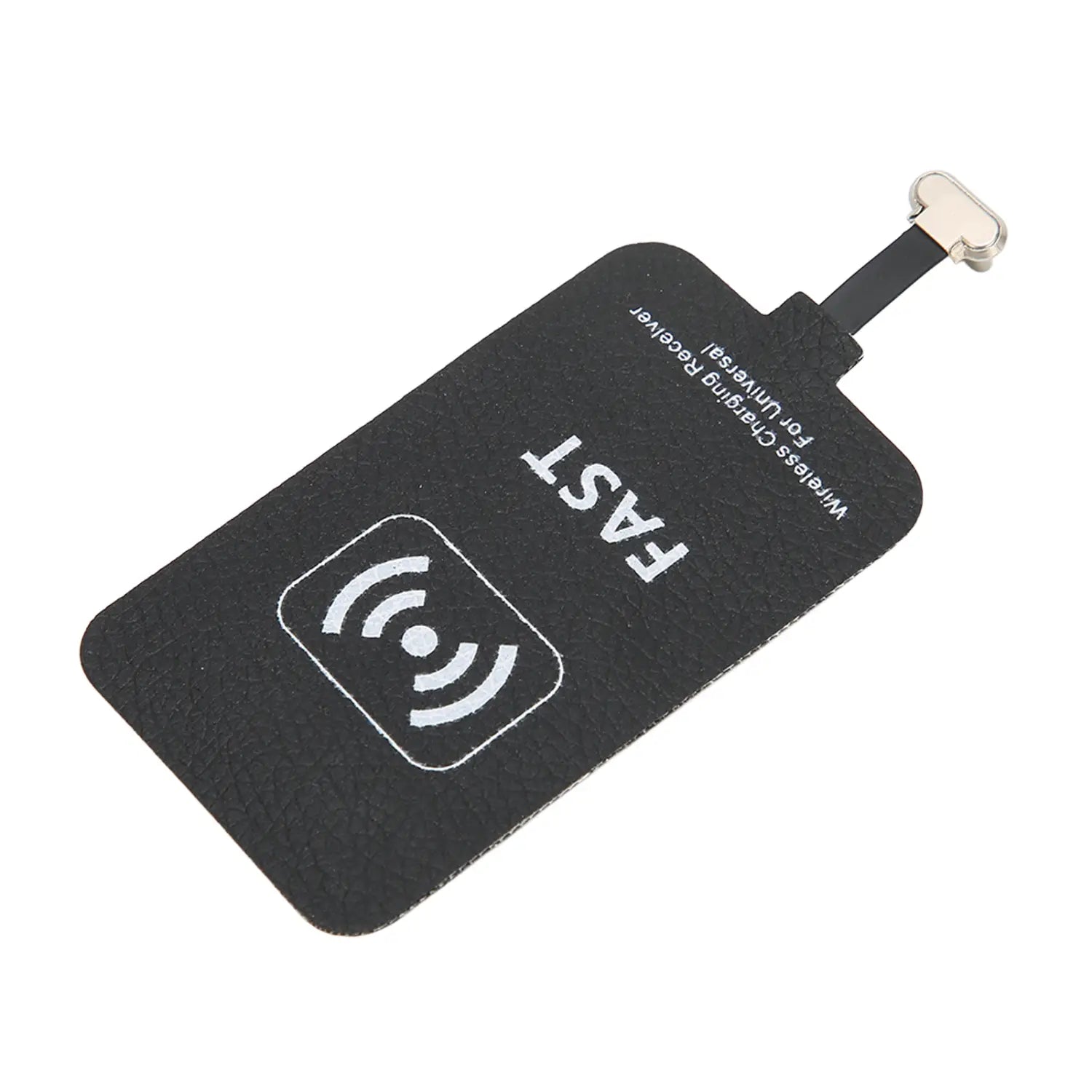 Black textured wireless charging receiver 10w type c with white fast branding, qi symbol, and a metallic connector for efficient wireless charging.