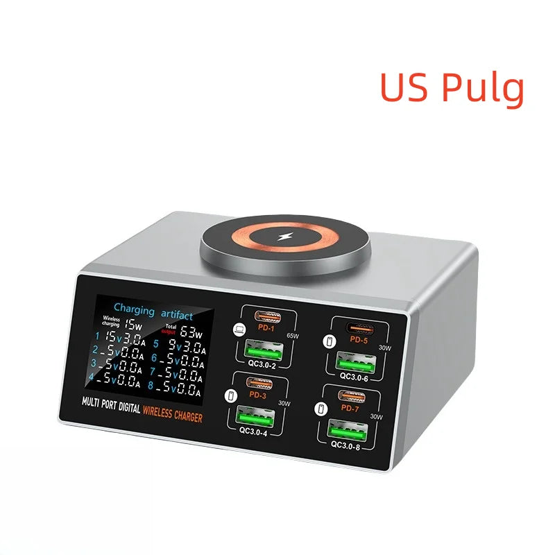 140W Multi-Port Charger with Digital Display, PD+QC, and Desktop Magnetic Wireless Charging for Phones and Laptops