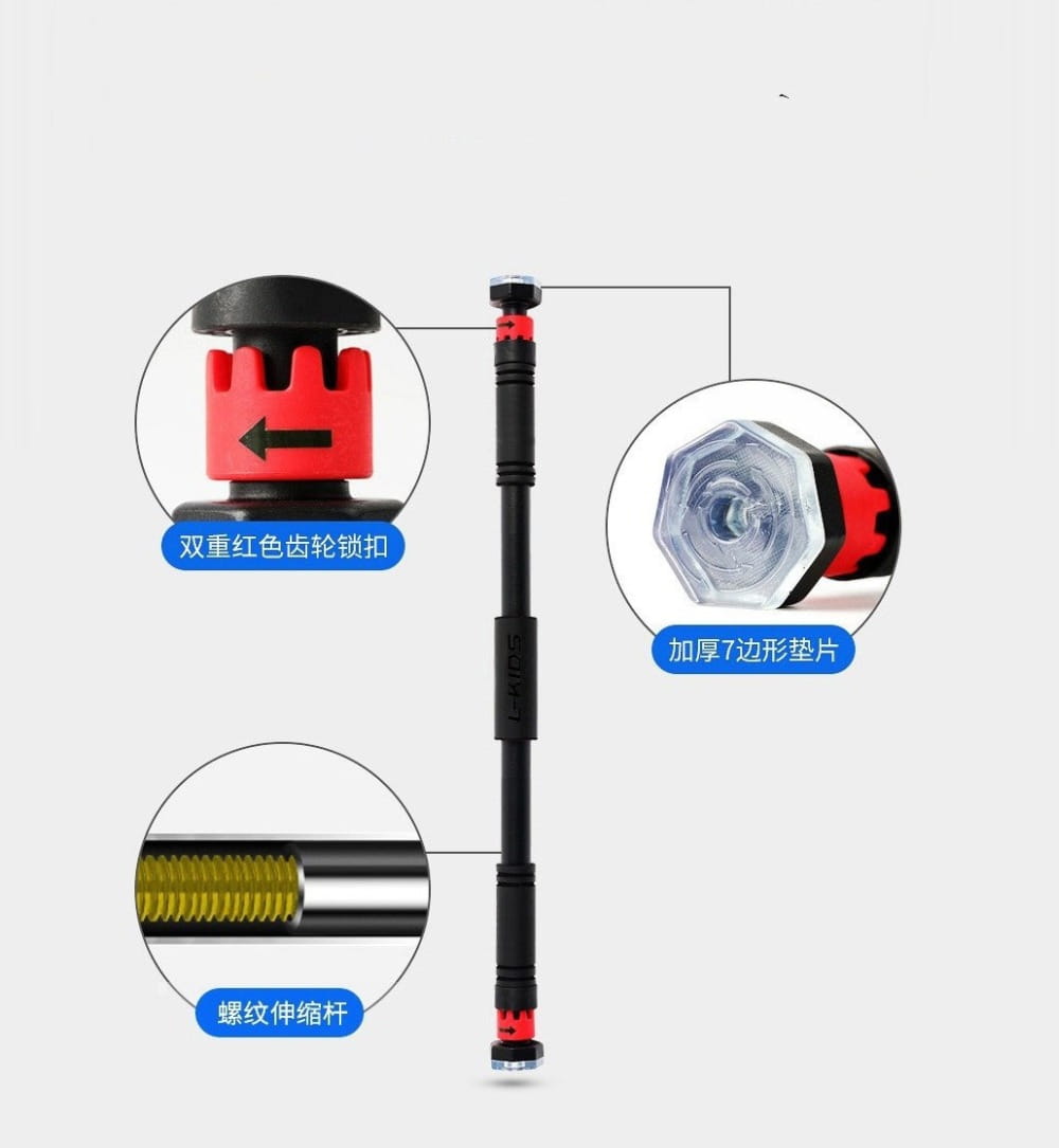 Barre de traction pour porte ajustable pour le fitness à domicile, noire et rouge, avec prise hexagonale, tige télescopique filetée et mécanisme de verrouillage.