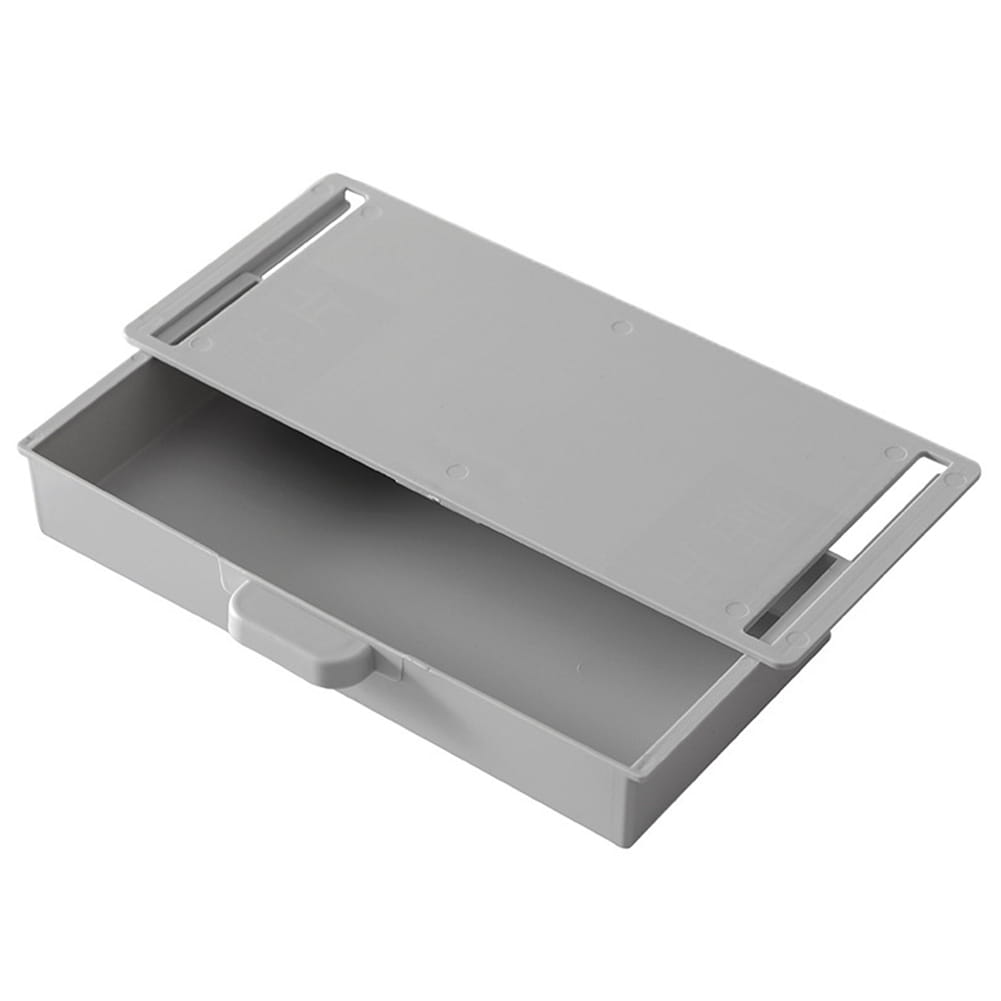 Organisateur de tiroir sous tablette en plastique gris avec couvercle coulissant et poignée intégrée, fabriqué en matériau ABS, pour un stockage efficace.