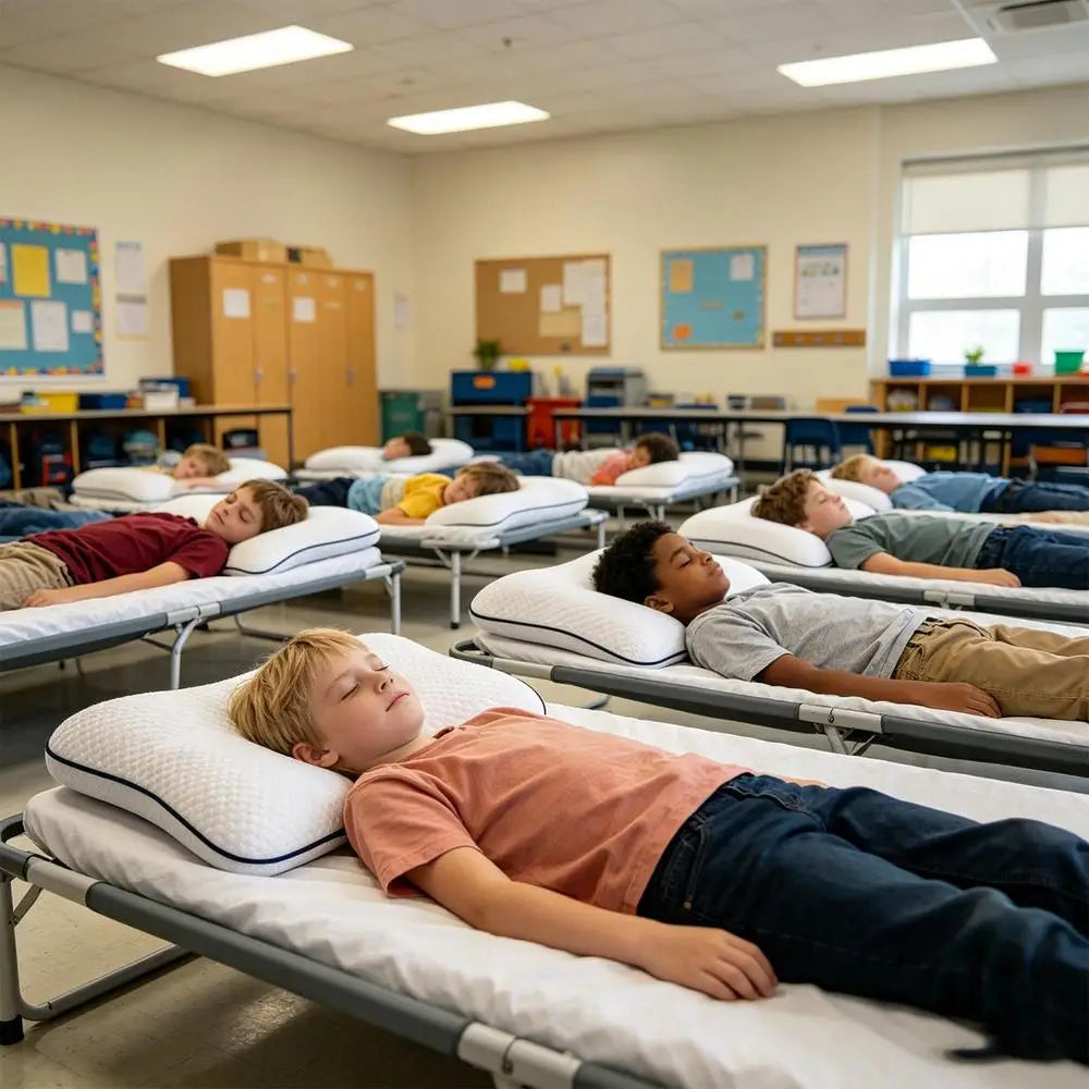 Weißes ergonomisches Kinder-Kissen aus Memory-Schaum für den Nackenstützbereich mit schwarzer Einfassung, das auf einem mit Metallrahmen versehenen Gitterbett ruht.
