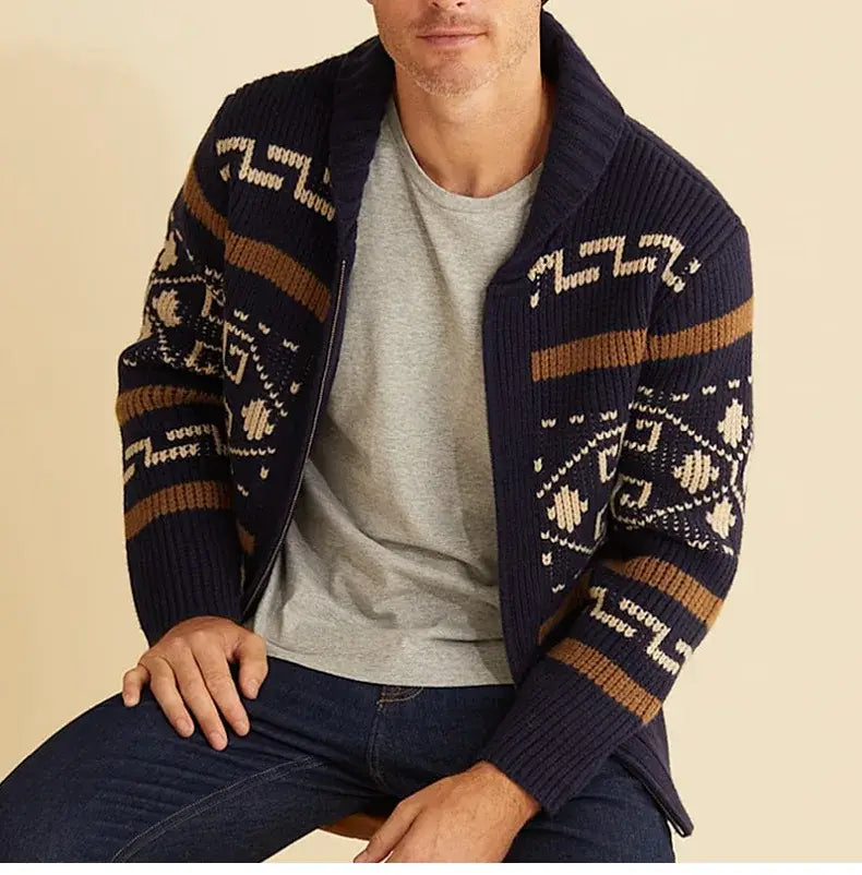Pull-over cardigan vintage à fermeture éclair géométrique pour homme en maille bleu marine, avec des motifs à rayures beige et marron.