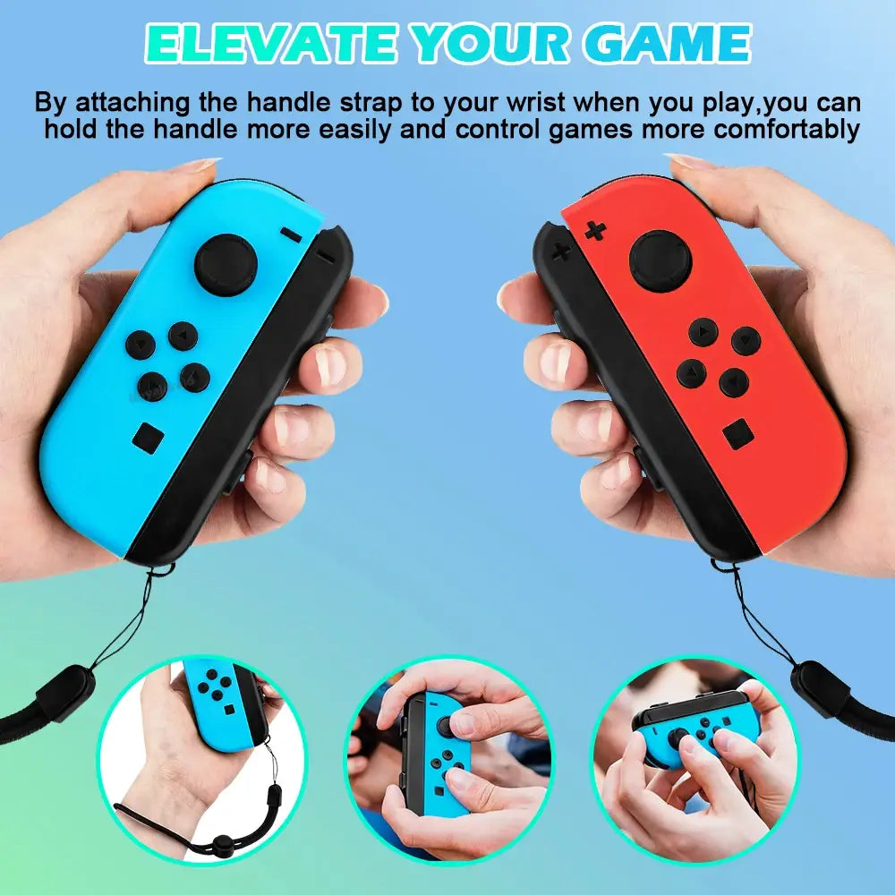 Controladores de Nintendo Switch Joy-Con azul y rojo con palancas analógicas y botones negros, así como correas para la muñeca; se muestran como un par de reemplazo de correas de cuerda para la mano para Joy-Con de Switch.