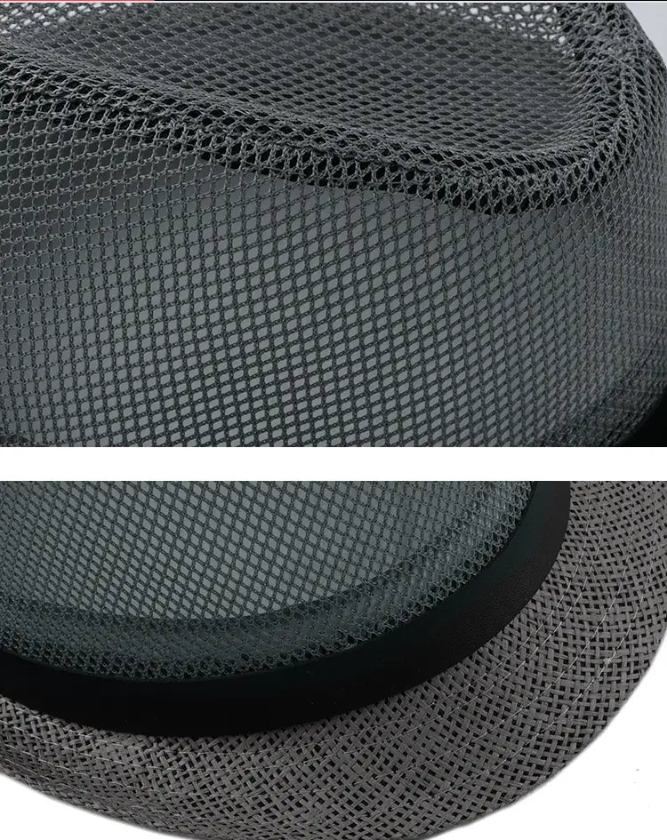 Gray mesh linen fedora with a black band suitable as a sun hat for beach and summer use