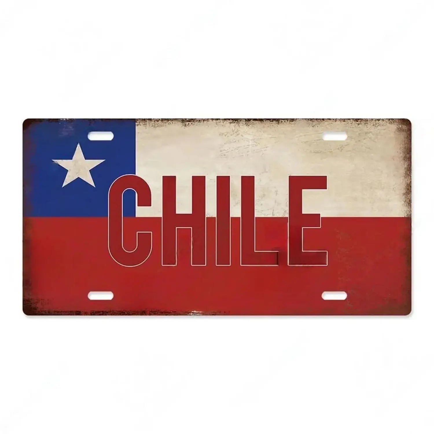 Rustic-style metal license plate featuring chile text in bold maroon lettering with the national flag colors blue white and red as vintage wall decor.