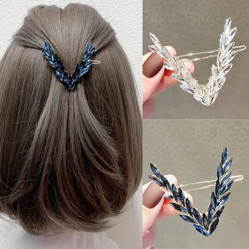 Crystal v shape hair clip set featuring blue and silver leaf-shaped clips with sparkling crystal embellishments.