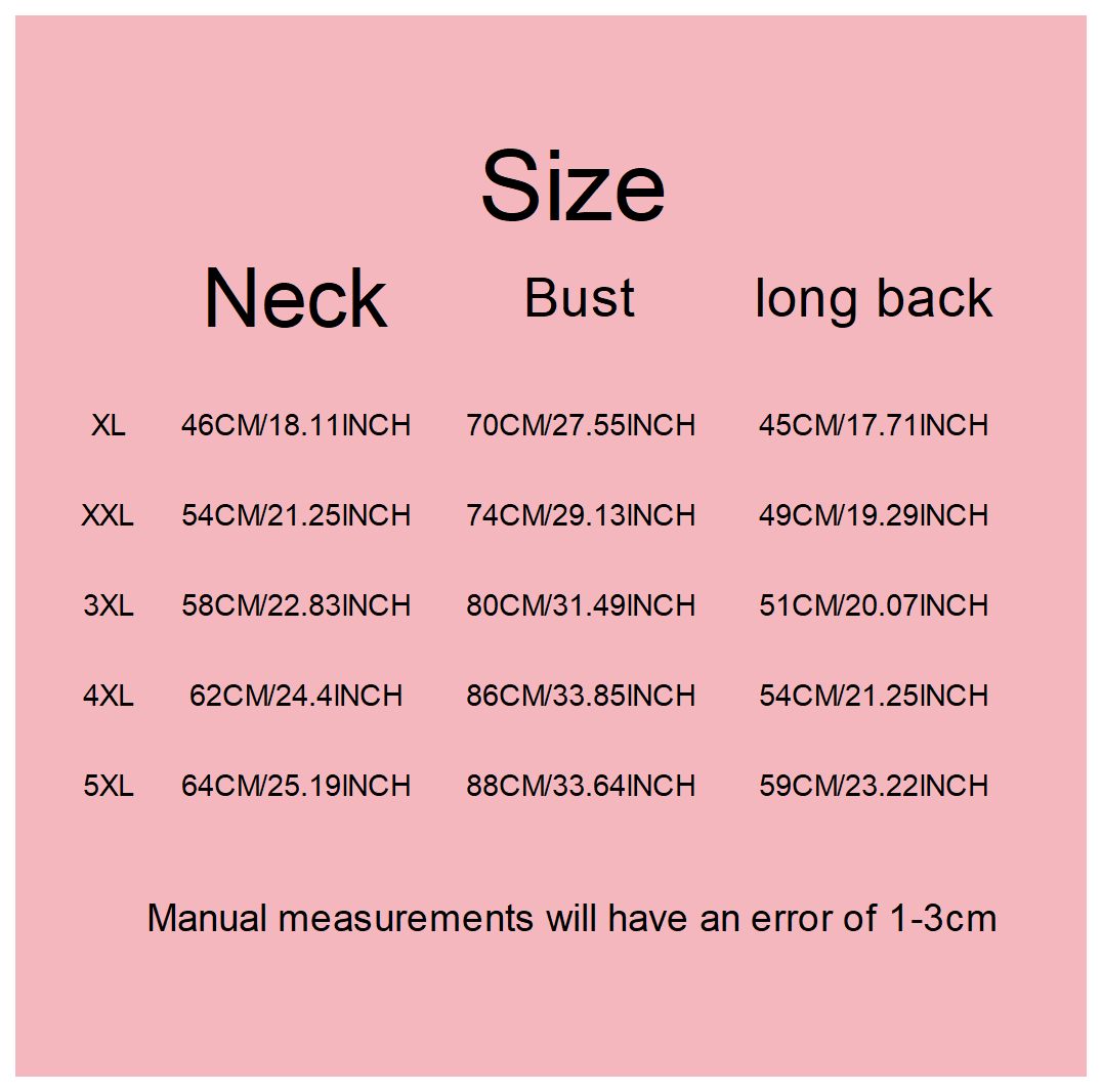 Gráfico de tallas de prendas rosas que muestra las medidas de cuello, pecho y espalda larga para las tallas de XL a 5XL de ropa tradicional china con patrón para mascotas de perros grandes.