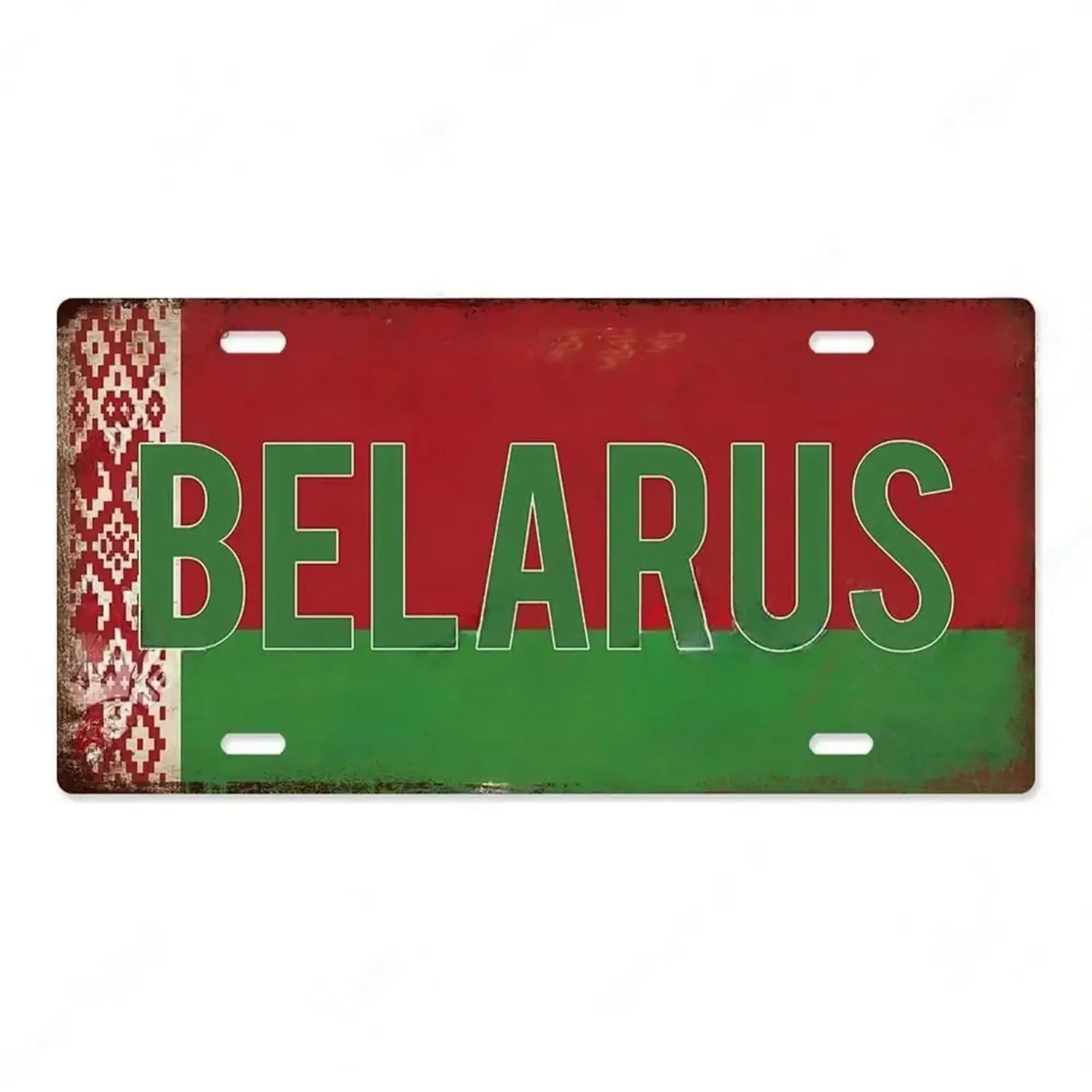 Rustic-style metal license plate featuring bold green belarus lettering on a red and green background with traditional Belarusian pattern on the left side vintage wall decor.