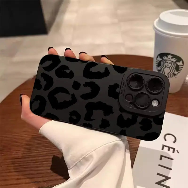 black leopard-print matte finish iphone 13 pro max case shown from the back with camera protection features
