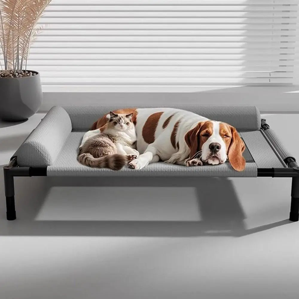 Gray mesh elevated dog bed with breathable fabric and black metal frame designed as a raised pet cot for comfort and ventilation.