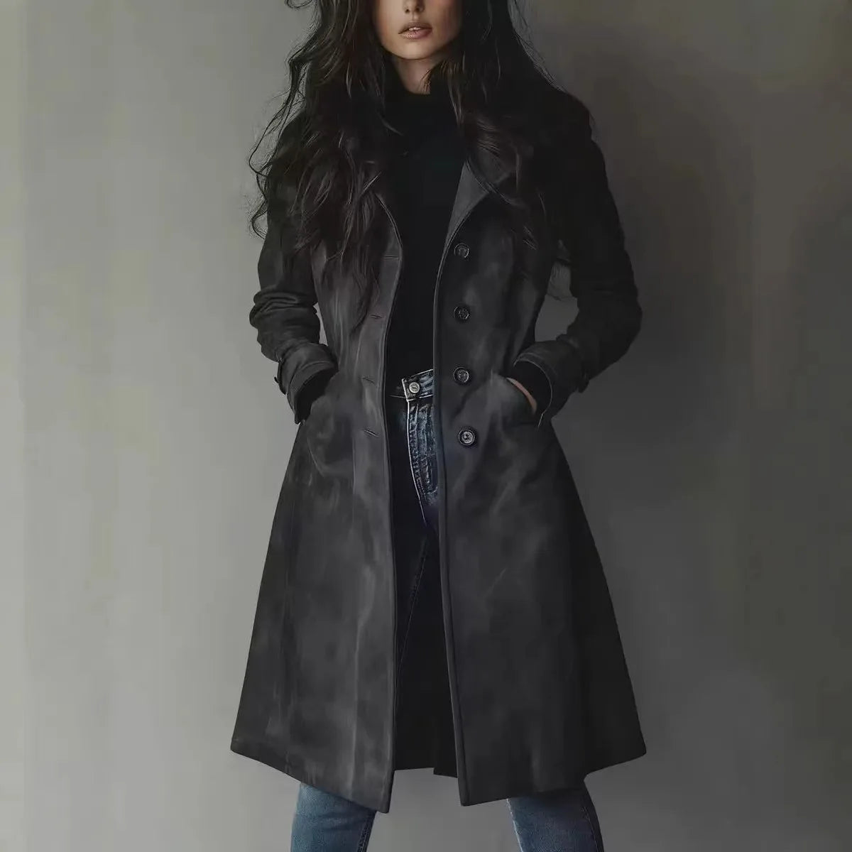 Women Trench Coats Long Jackets Solid Pocket Turn Down Collar Long Sleeves Single Breasted Loose Fit Casual 2026 Autumn Winter