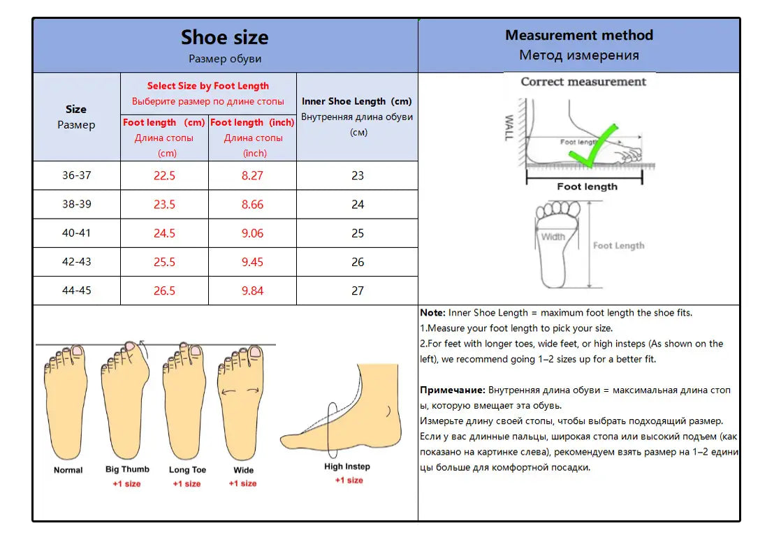 Größentabelle für Eva Slip-on Cushion Clog-Sandalen mit Maßangaben in Zentimetern und Zoll sowie Fußtypen-Illustrationen zur präzisen Größenbestimmung.