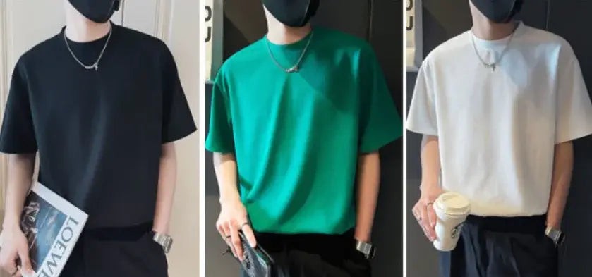 T-shirts à col ras du cou en maille côtelée pour homme en noir, vert et blanc, manches courtes, coupe décontractée, réalisés en tissu en maille côtelée.