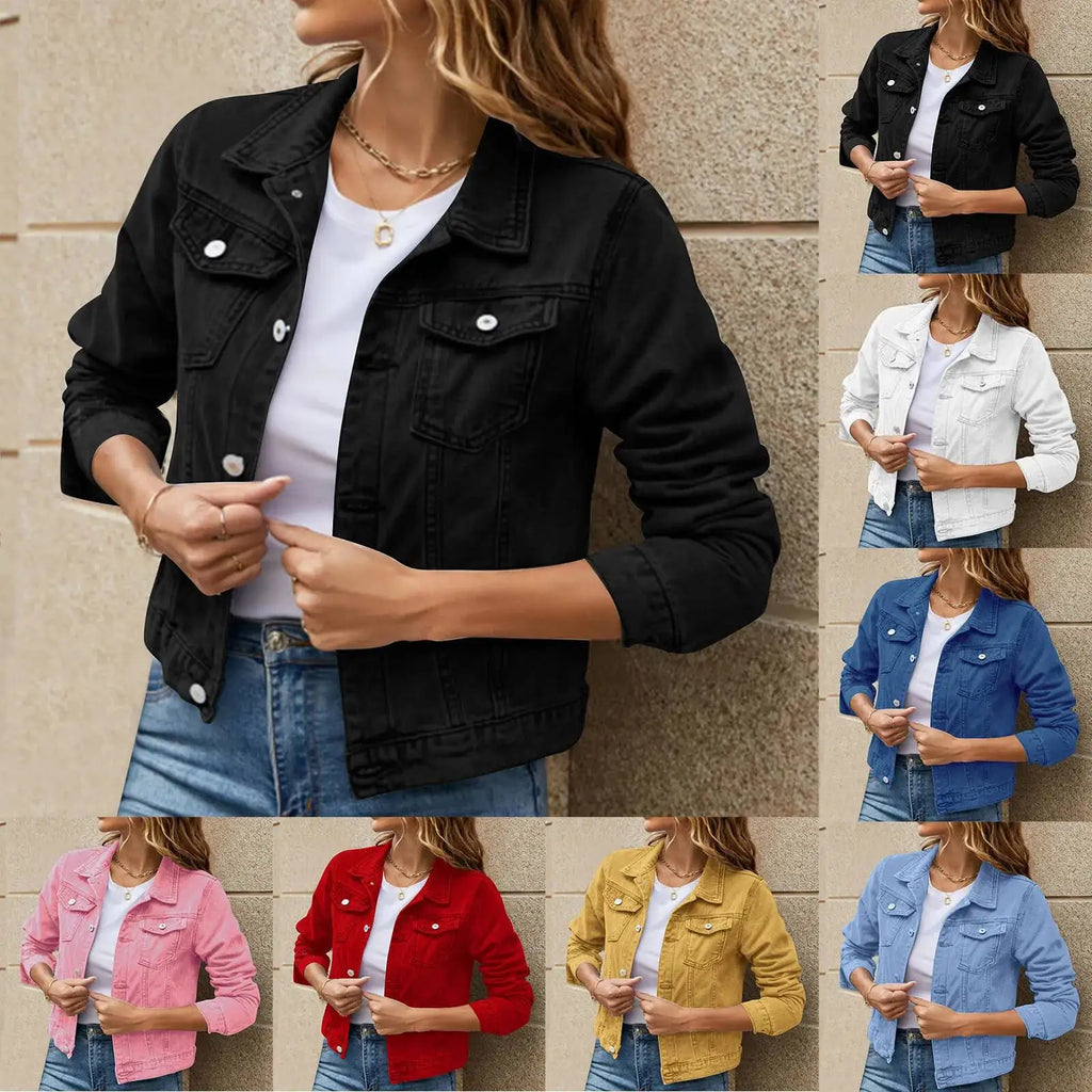Denim Jacket For Women 2025 Solid Color Black Blue Yellow Pink Red Casual Long Sleeve Button Down Chest Pocket Jean Jacket Lady