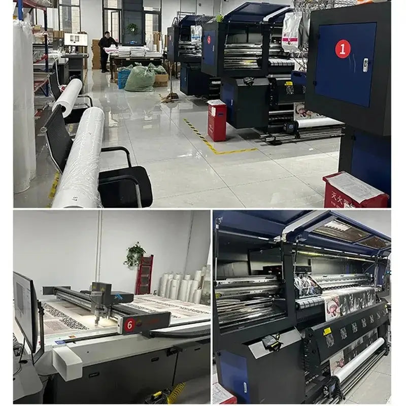 Ciao Bella striped canvas wall art poster displayed with an industrial-grade digital printing machine featuring a sleek black and blue exterior with multiple rollers and print heads for high-volume production.