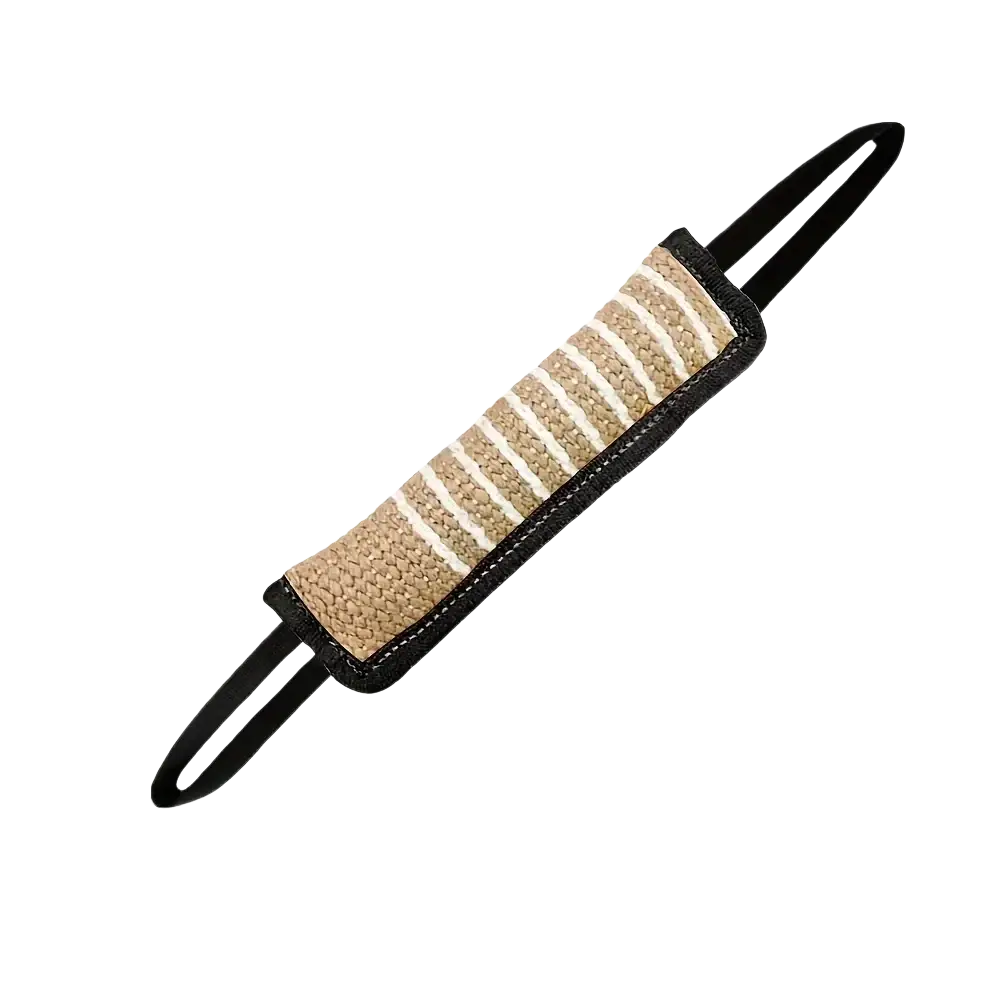 Jouet à mâcher durable en jute pour chien en corde tressée beige et blanche, avec extrémités en cuir noir, présenté de face