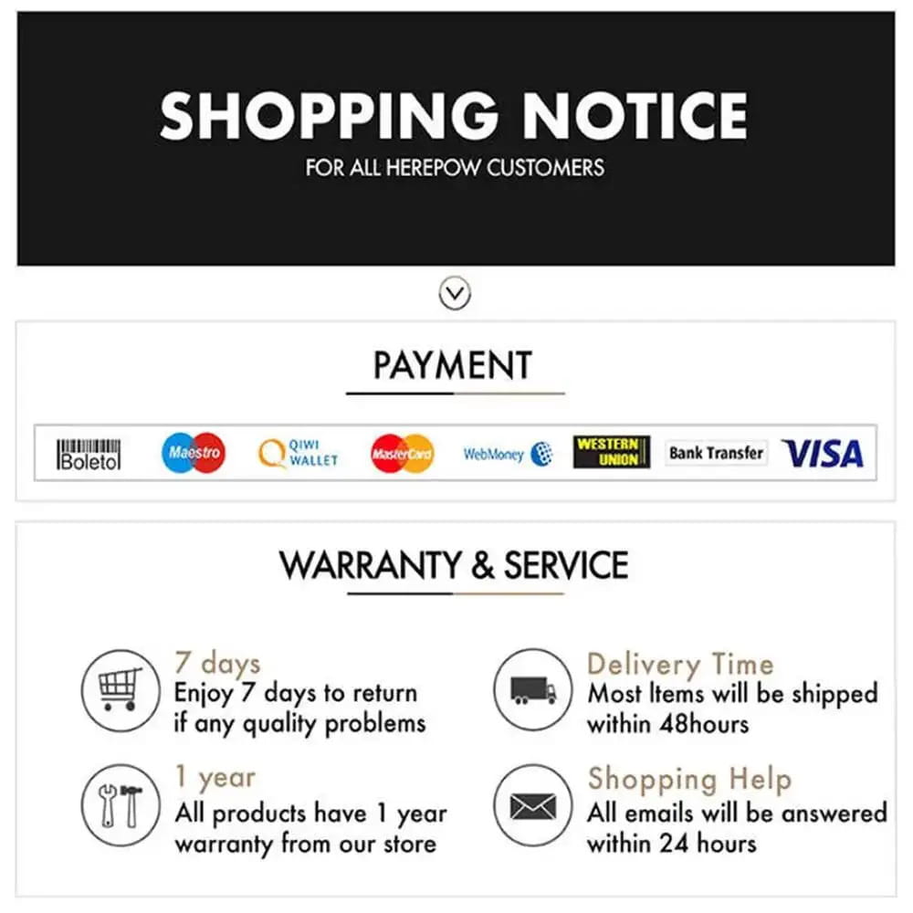 shopping notice for herepow customers listing accepted payment methods including visa mastercard and western union for embedded wireless desktop charger 15w.