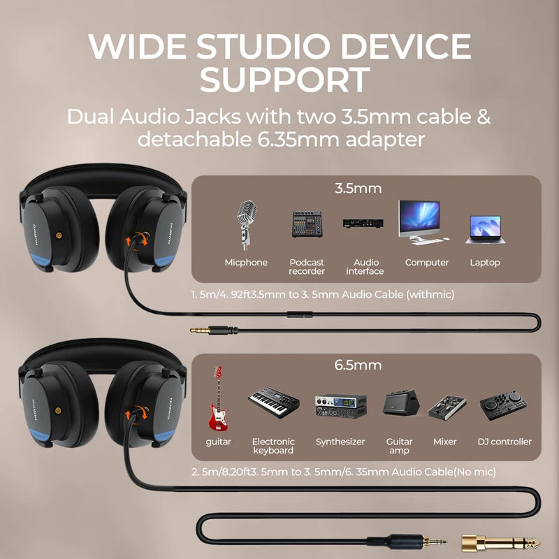 NUBWO HD01 Studio Headphones Wired Hi-Res Over Ear Headphone Lightweight Closed Back DJ Headphone for Piano Guitar AMP Recording