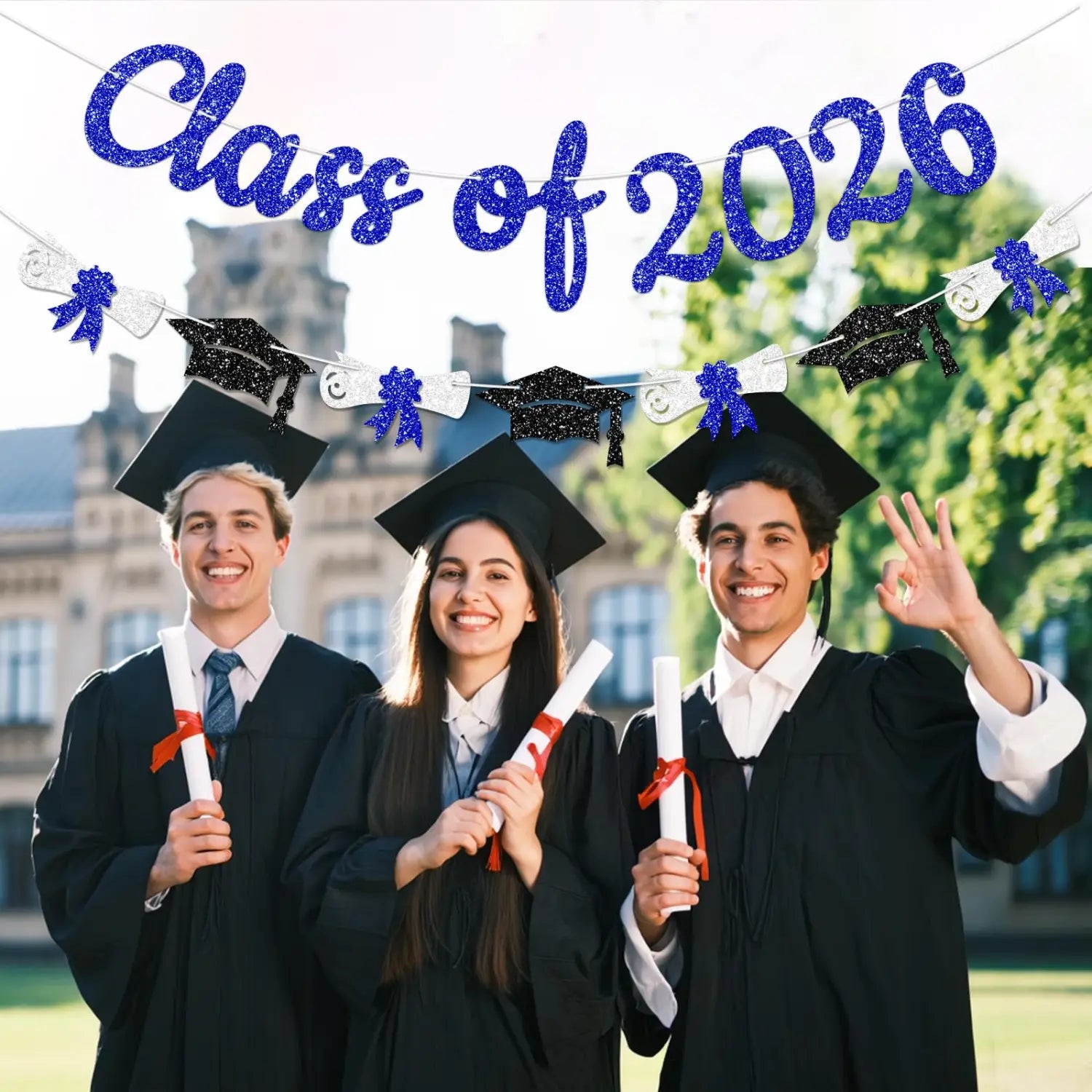 Blue glitter class of 2026 graduation banner with black and white mortarboard decorations designed as a celebratory garland for graduation events.