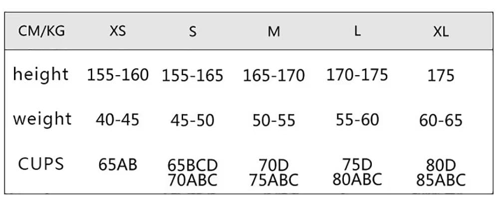 Size chart for workout jumpsuit open back athletic romper showing height weight and cup size recommendations for sizes xs to xl.