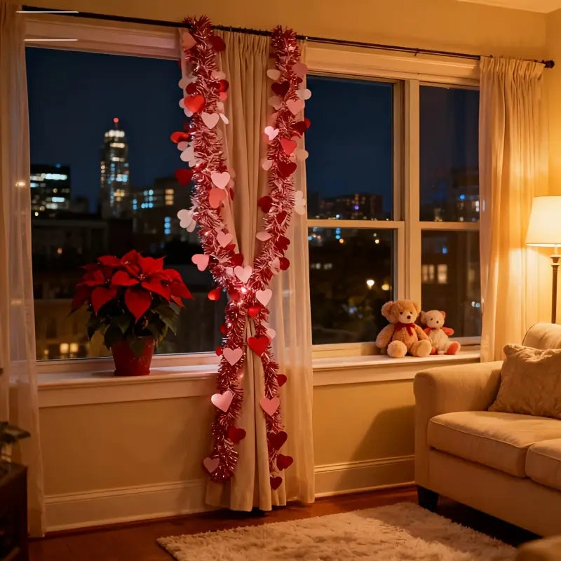 Shiny red and pink metallic heart tinsel garland adorned with heart-shaped cutouts for Valentine decor.