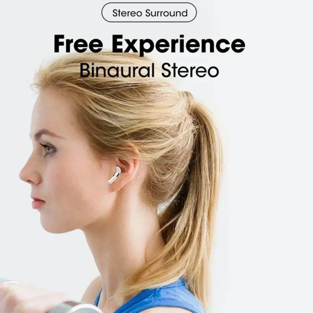 Écouteur sans fil Bluetooth blanc avec suppression active du bruit et design épuré minimaliste, porté dans l’oreille.