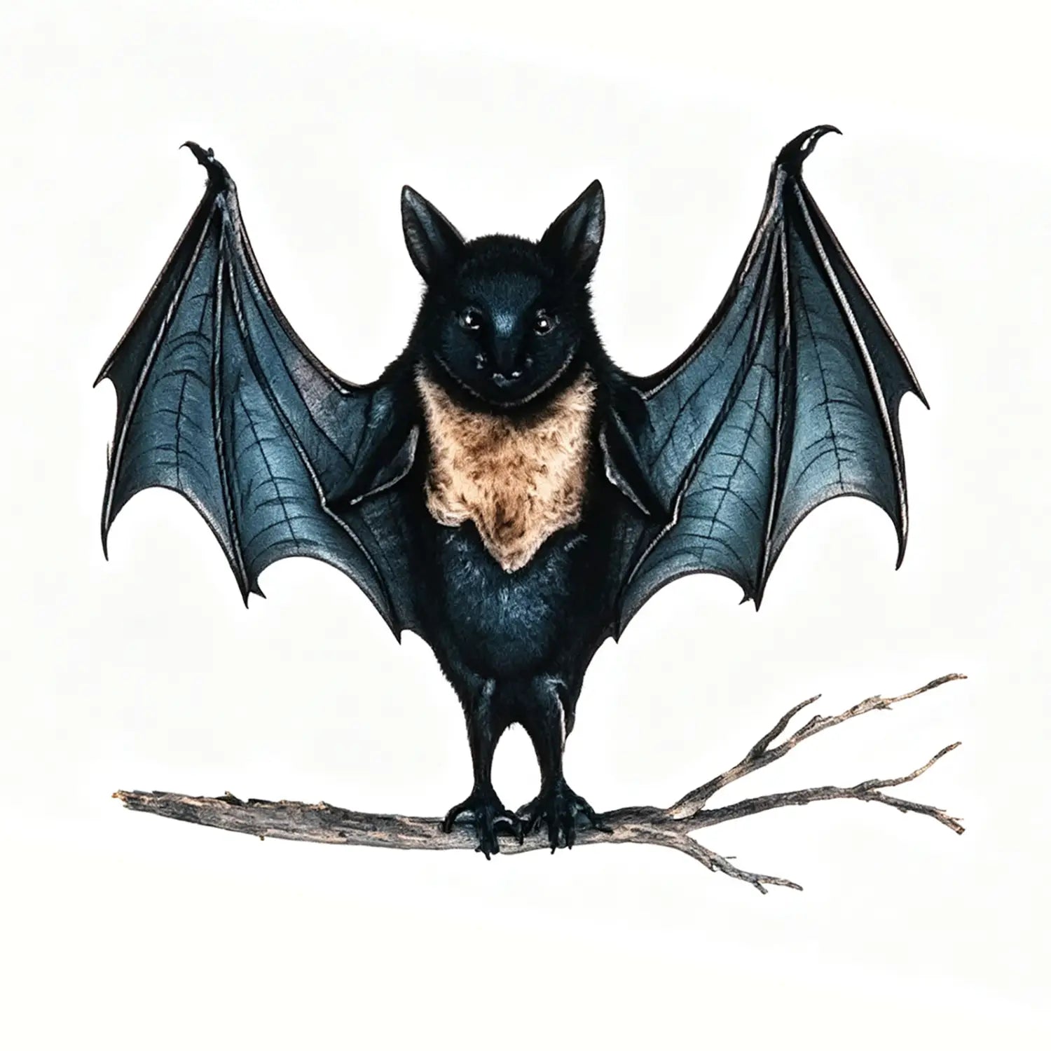 Illustration détaillée d’un ornement suspendu représentant une chauve-souris noire aux ailes bleu-gris foncé, avec une fourrure beige autour du cou, perchée sur une branche, pour la décoration de sapin d’Halloween.