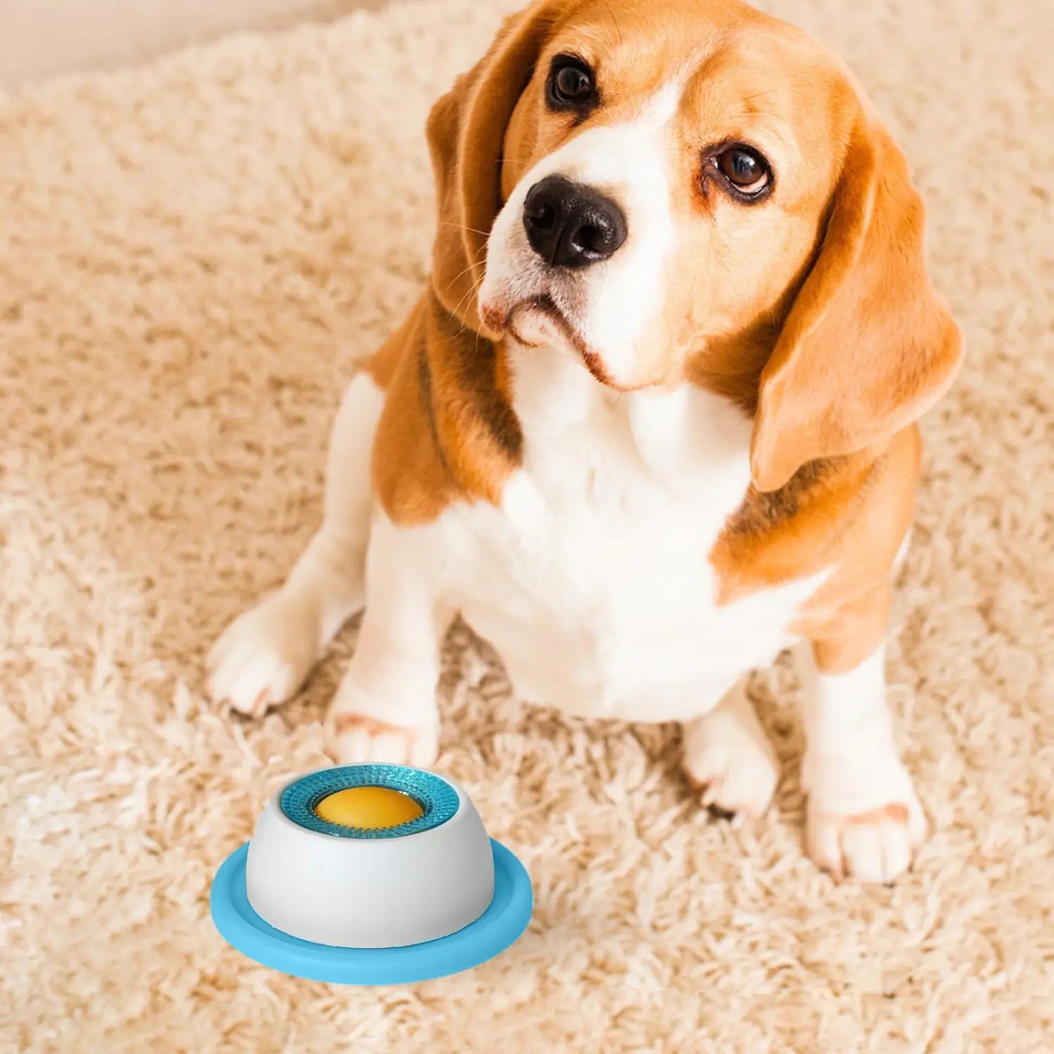 Blue and white interactive dog licking toy with a yellow center designed as a slow feeder puzzle for puppies.