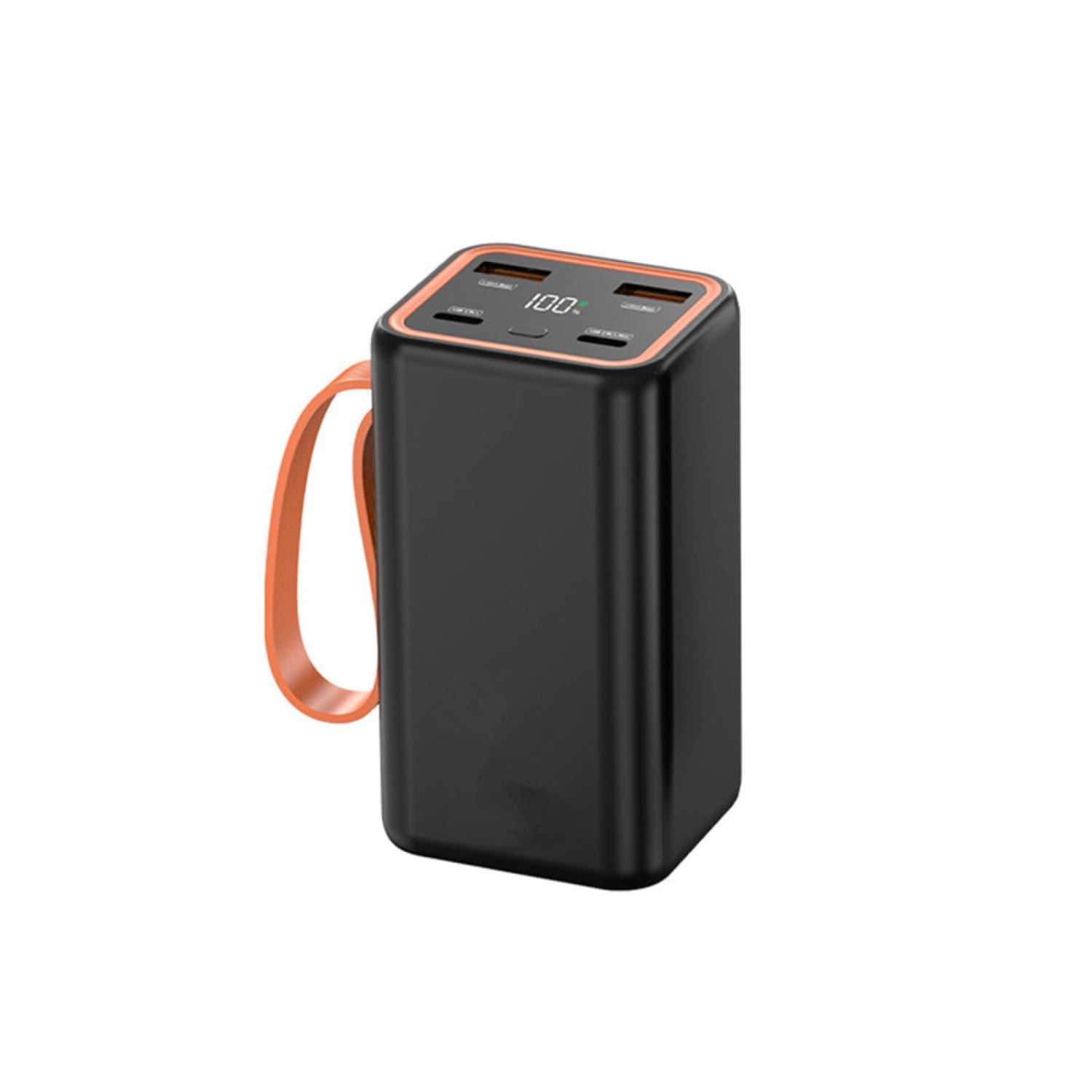 black rectangular power bank case for 4x 21700 batteries with lcd display features orange accents on the edges and a matching orange carrying strap.