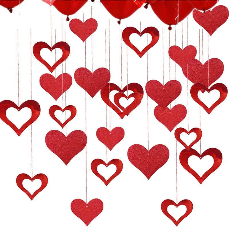 1set Valentine's Day Gift Hanging Banner Garland Red Love Heart Spiral Bunting For Wedding Birthday Bachelorette Party DIY Decor