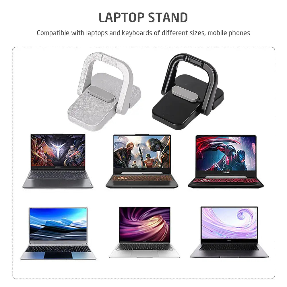 Silberne und schwarze magnetische Mini-Laptopständer aus Aluminium mit elegantem minimalistischen Design zur tragbaren, verstellbaren Schreibtischunterstützung.