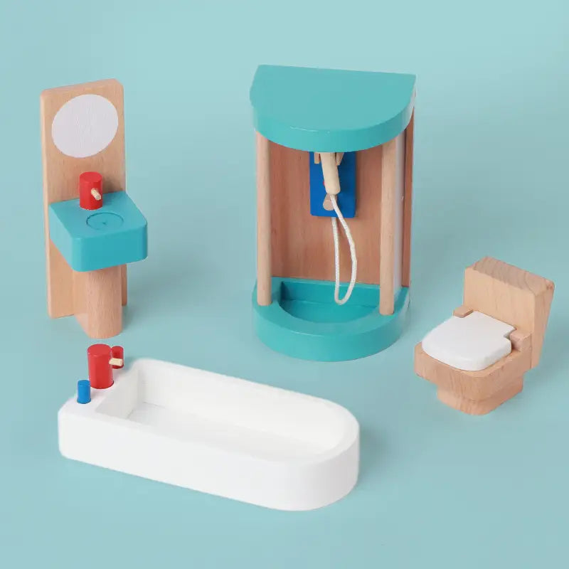 Holz-Puppenhaus-Möbelset mit einem türkisfarbenen und naturfarbenen Holz-Spielbad-Set mit einer weißen Badewanne für Kinder als Miniaturspielzeug.