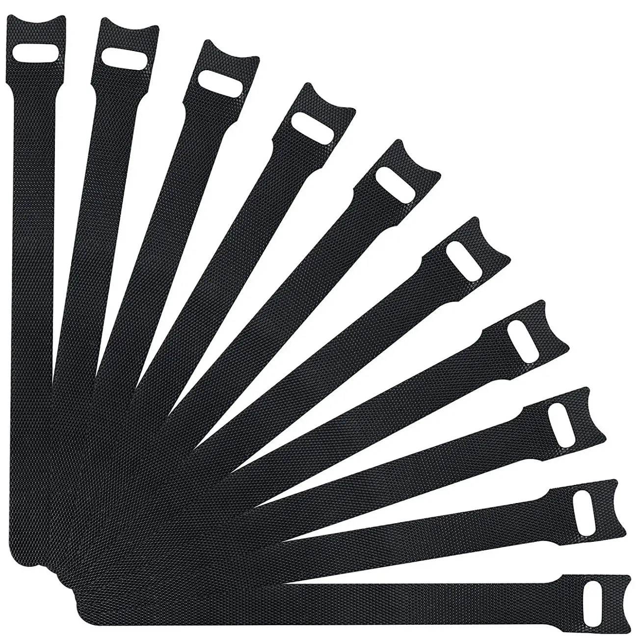 Black woven fabric cable organizer straps in black featuring reinforced loops for secure wire management and fastening.