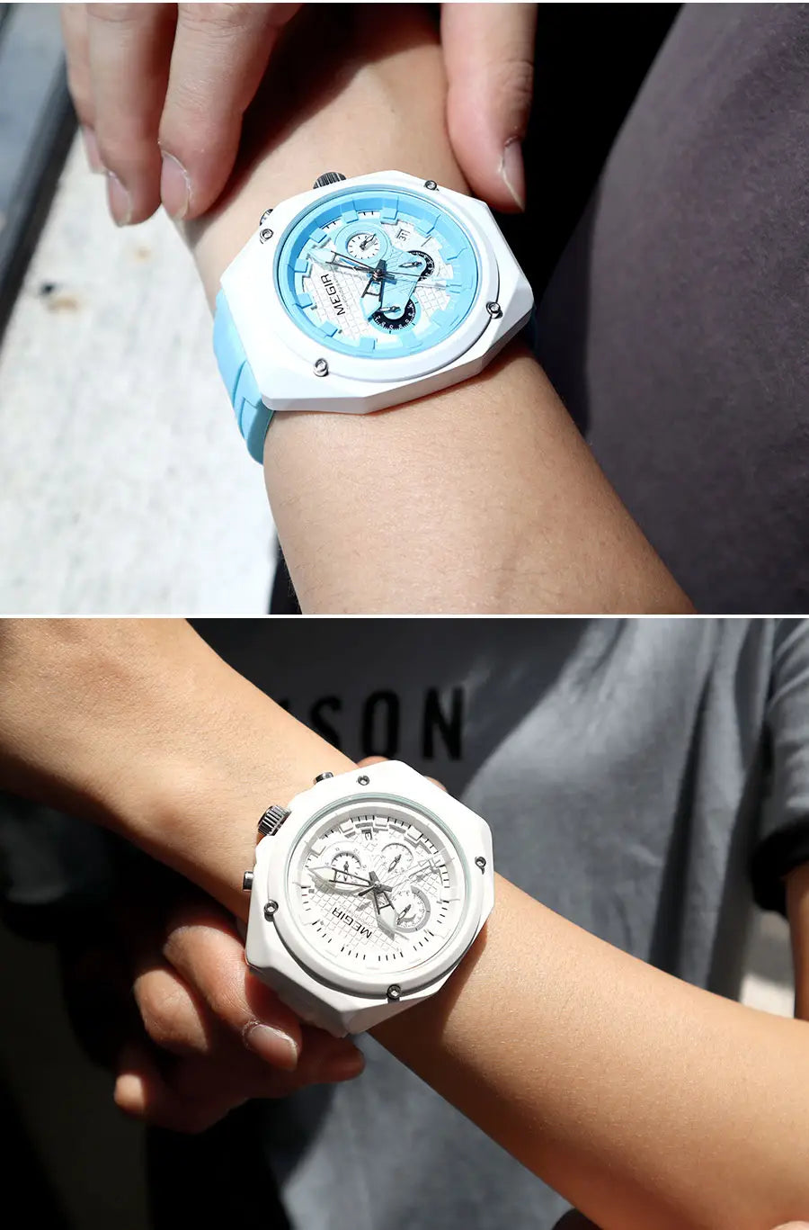Megir sport chronograph watch with a white and light blue detailed dial and distinctive octagonal case featuring a silicone strap.