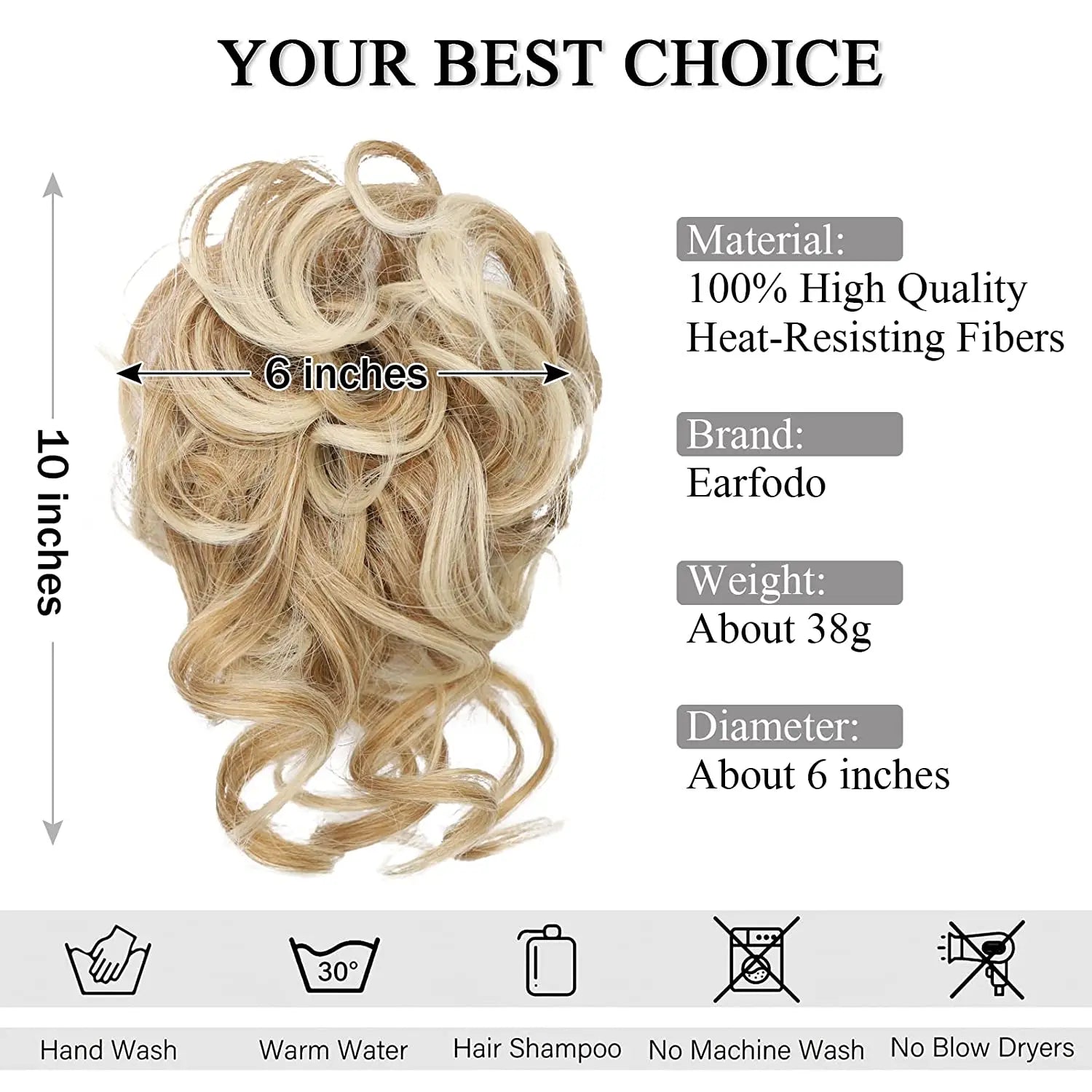 Blonde wavy synthetic hair bun scrunchie made from 100 percent high quality heat resisting fibers by earfodo designed for voluminous hair styling.