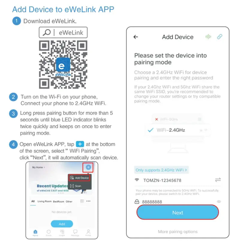 Ewelink-App-Oberfläche mit WLAN-Kopplung zur Hinzufügung des DGB-63E WLAN-Smart-Leistungsschutzschalters mit Live-Leitungs-Energiezähler und Zeitsteuerrelais-Funktionalität.
