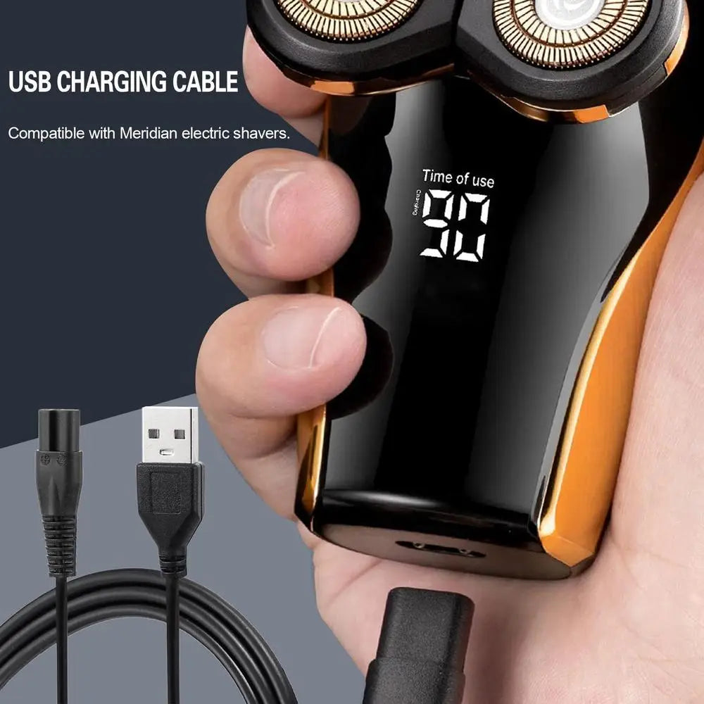 Black and gold meridian electric shaver with digital display showing 90 seconds of usage time and replacement usb charging cable.