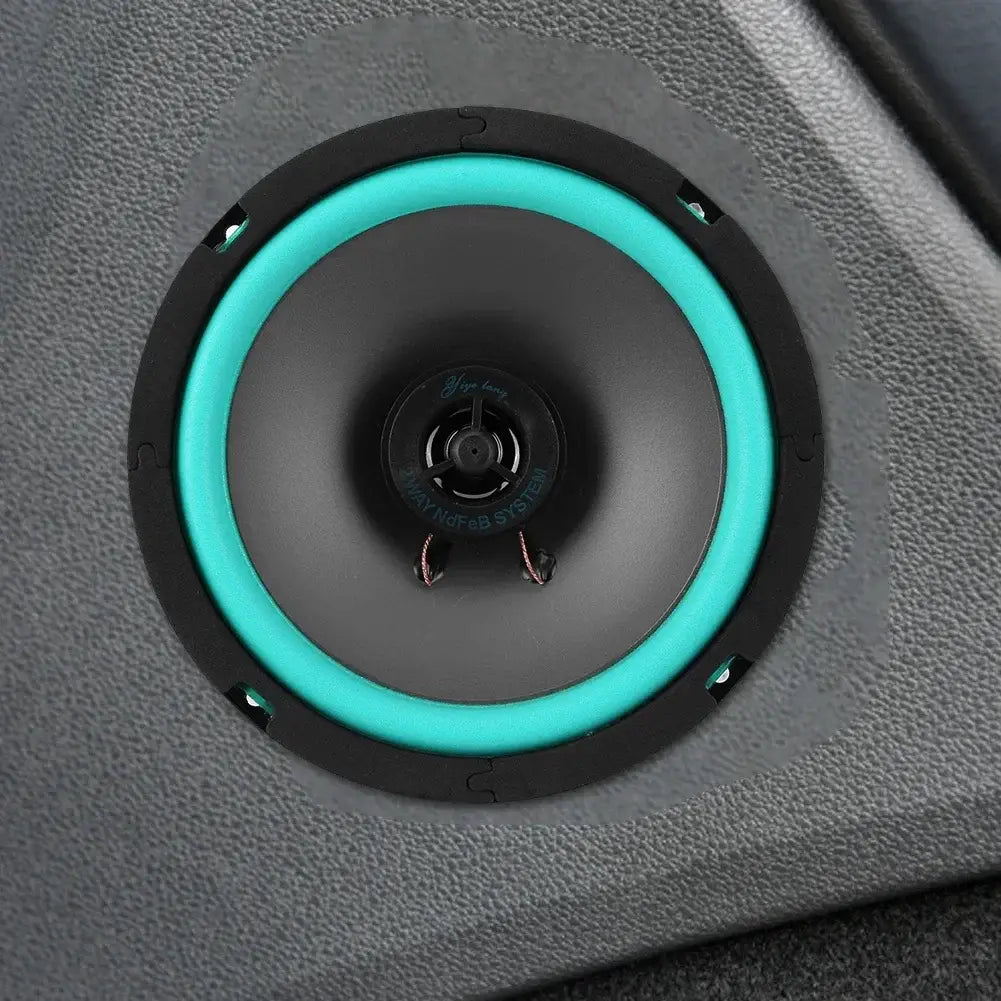 A teal-accented black car speaker with a circular design and visible wiring for universal hifi coaxial subwoofer audio stereo use.