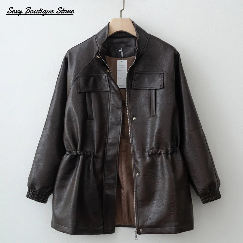 Autumn Winter Pu Leather Jacket For Women Solid Full Sleeve Elastic Adjustable Waist Coat 2025 New Lady Fashion Casual Outwears