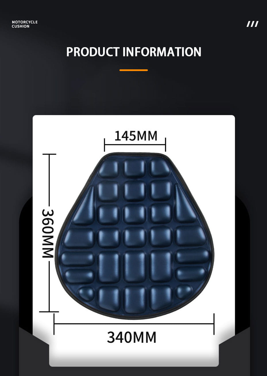 Almohadilla de aire 3D transpirable de EVA para motocicleta de color azul oscuro, con contornos y una cuadrícula de secciones rectangulares elevadas, diseñada para mejorar la comodidad y la ventilación.