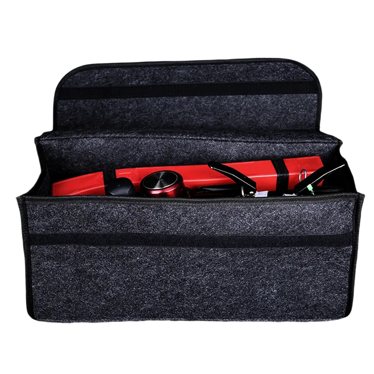 Dark gray felt large anti slip compartment car trunk storage bag 50cm x 24cm holding a red tool kit with black trim