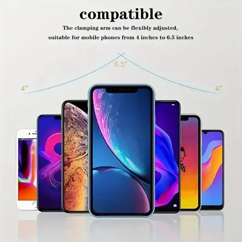 Verstellbares kabelloses Ladegerät für den Luftauslass mit Schwerkraft-Kfz-Halterung mit elegantem metallic Finish und flexiblen Armen; unterstützt das kabellose Laden für Smartphones von 4 bis 6,5 Zoll.