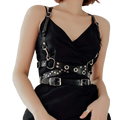 Black punk gothic leather chest harness strap with silver-toned metal hardware and circular studs front view
